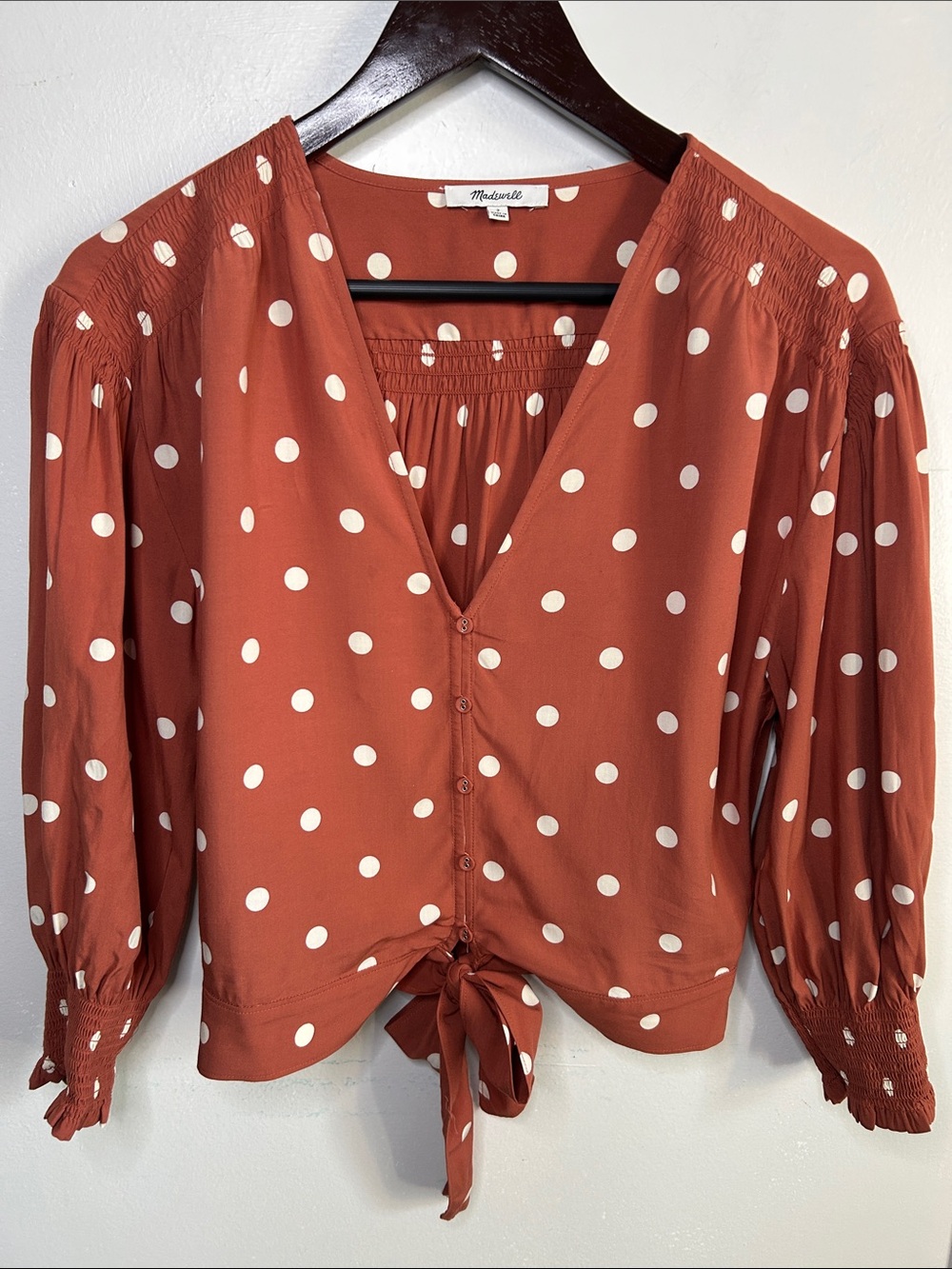 Madewell Rustic Brown Polka Dot Tie-Front 3/4 Sleeve Button Up Blouse